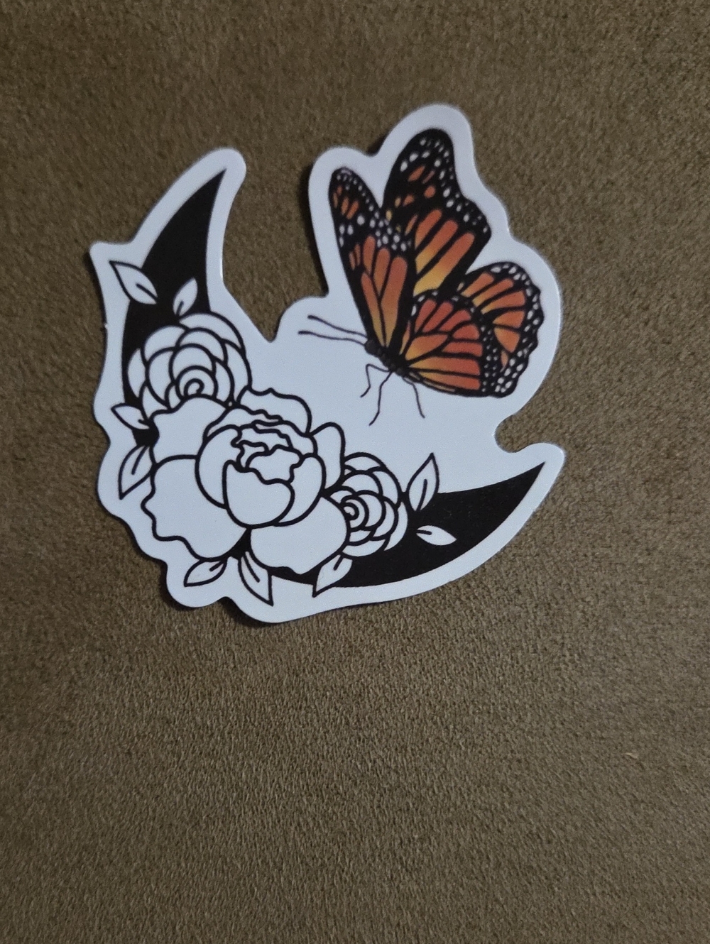 Sticker - Monarch Butterfly over Crescent Moon with Flowers
